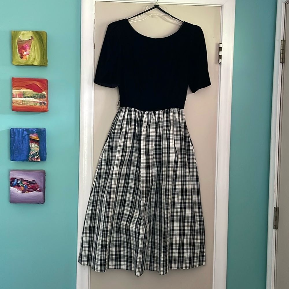 Vintage 80’s Lanz Originals Velvet and Plaid Taffeta Dress - Size 8